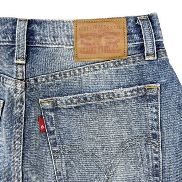 LEVI'S Distressed Cut-Off Denim Mini Skirt Sz 25 Blue Yellow Wash - Picture 6 of 6